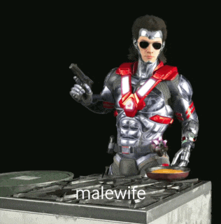 a man in a superhero costume is cooking on a stove with the word malewife on the bottom