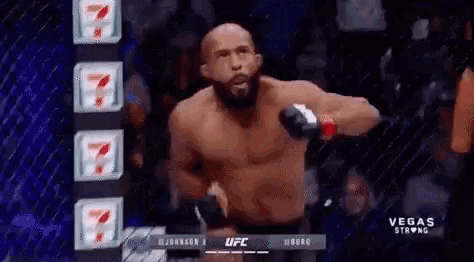 a man without a shirt is standing in front of a cage in a ufc fight .