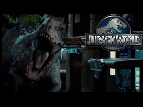 a poster for jurassic world shows a t-rex with its mouth wide open