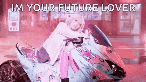 a girl is sitting on top of a motorcycle with the words `` im your future lover '' written on it .
