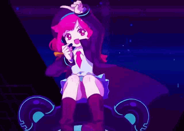 a girl with pink hair is sitting on an octopus and pointing up