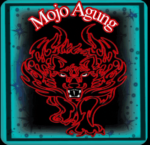 mojo agung logo with a red wolf on a blue background