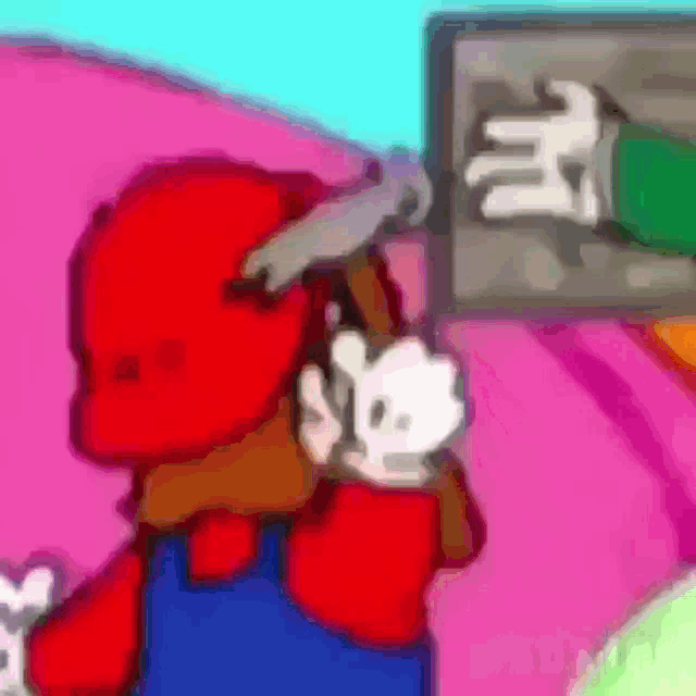 a cartoon of mario holding a gun in front of a sign that says nintendo .