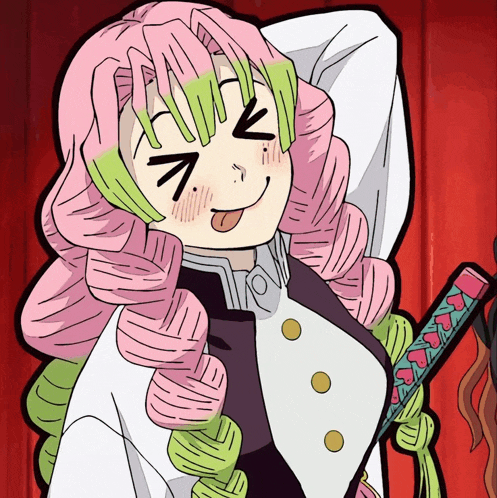 a girl with pink hair is making a face with her tongue out