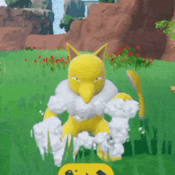 a yellow and white cartoon character is standing in the grass in a game .