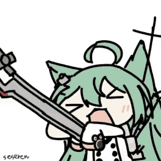 a drawing of a girl with green hair holding a scythe and a cross