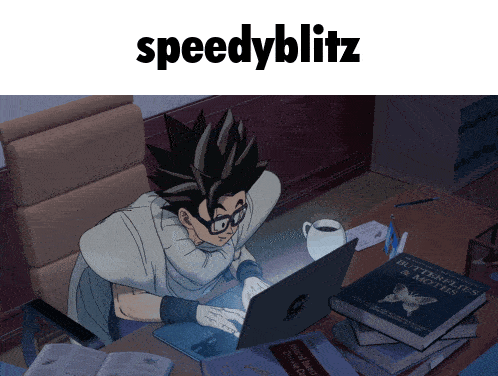 a picture of a man using a laptop with the words speedyblitz on the bottom