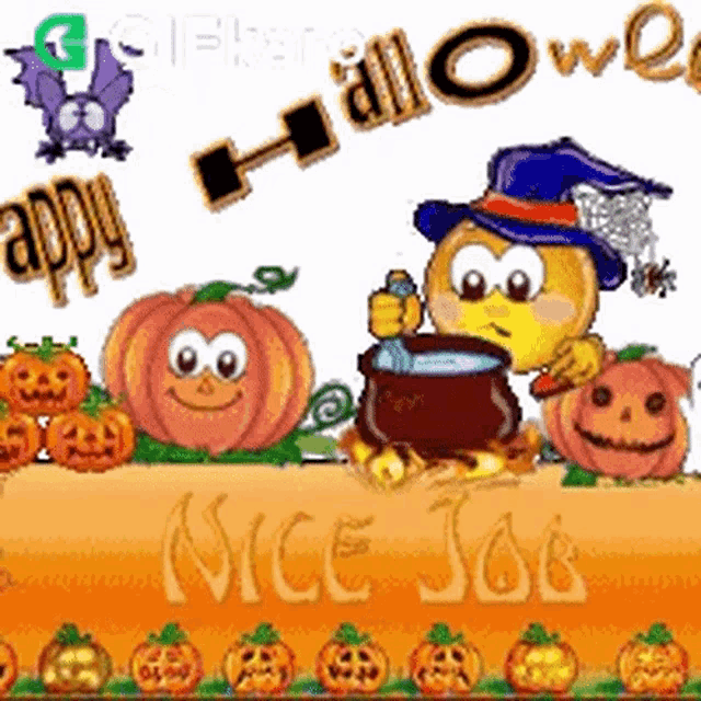 a smiley face in a witch hat is holding a cauldron with pumpkins in the background and says nice job