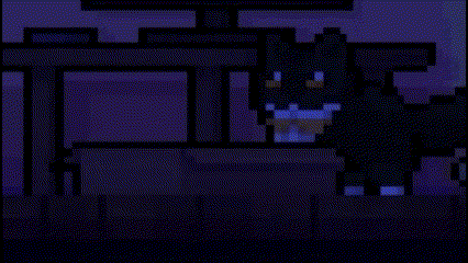 a pixel art of a cat standing next to a table
