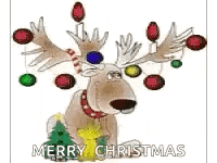 a reindeer with christmas decorations on its antlers and a christmas tree .