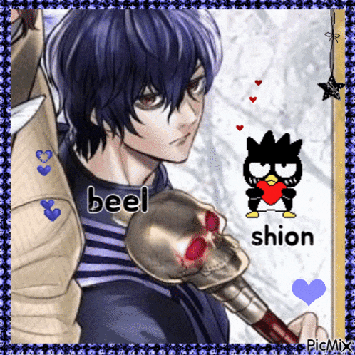 a picture of a man with a skull and the name shion