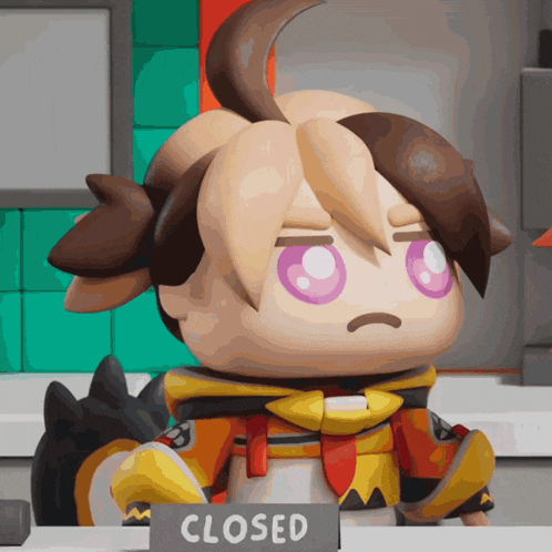 a cartoon character sitting next to a closed sign