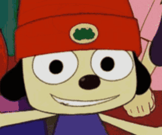 a close up of a cartoon character with a red hat