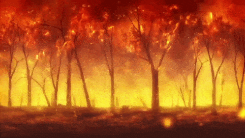 a forest is on fire with trees burning and flames coming out of the trees .