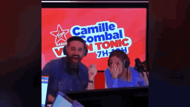 a man and a woman are in front of a screen that says camille combat tonic