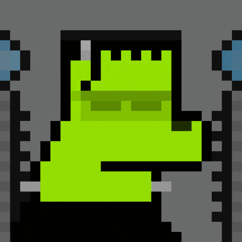 a pixel art drawing of a green monster with a black head
