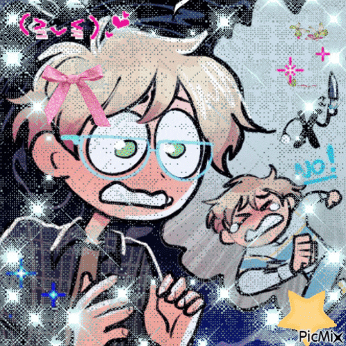 a cartoon drawing of a boy with glasses and a pink bow on his head says no