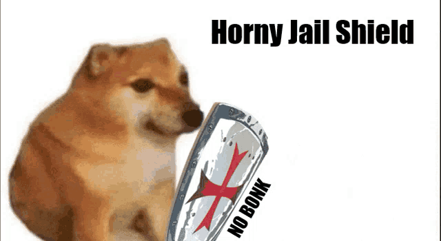 a dog is holding a horny jail shield