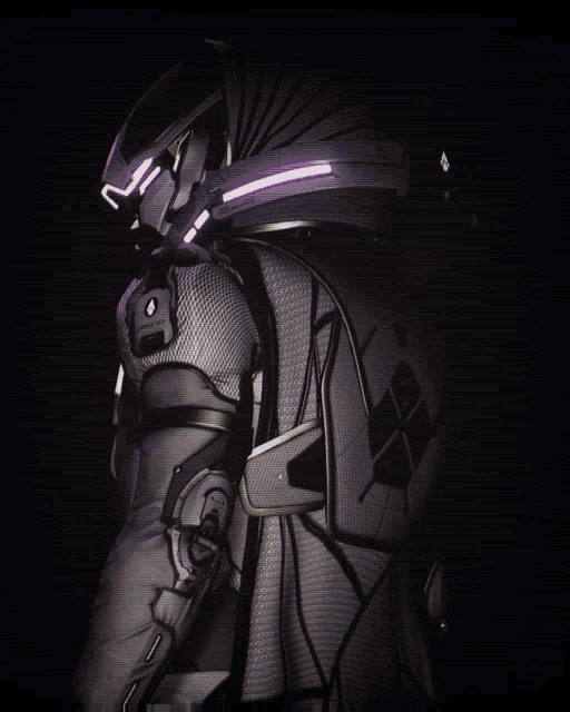a black and white photo of a futuristic armored soldier
