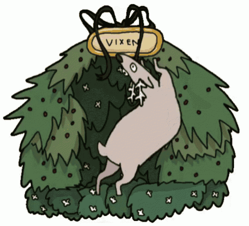 a cartoon drawing of a deer with a sign that says vixen on it