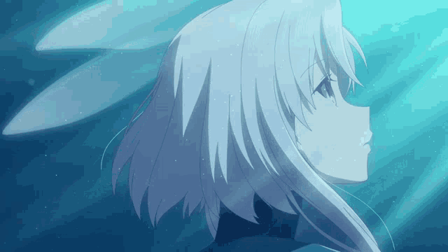 a girl with white hair is looking up at the sky