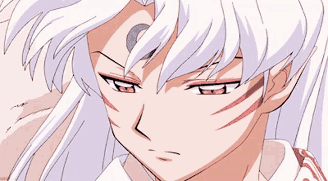 a close up of a person with white hair and red stripes on their face