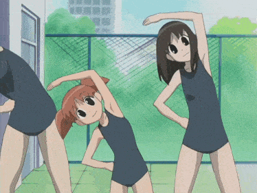 a group of cartoon girls are stretching their arms in front of a fence