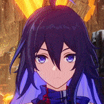 a close up of a girl 's face with purple hair and blue eyes in a video game .