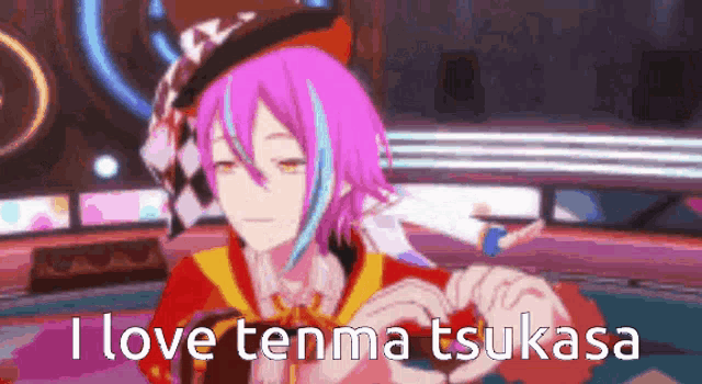 a girl with pink hair is making a heart shape with her hands and the words `` i love tenma tsukasa '' .