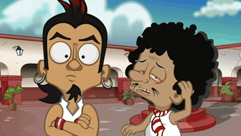 two cartoon characters are standing next to each other and one of them has a piercing in his ear
