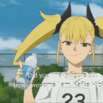 a cartoon girl holding a water bottle with the number 23 on her t-shirt