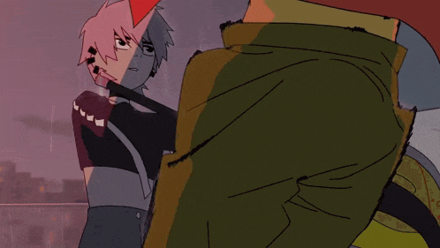 a cartoon of a girl with pink hair standing next to a boy with red hair
