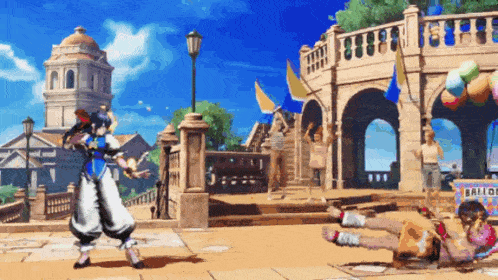 a video game scene with a sign that says ' balloons ' on it