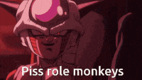a cartoon character with the words piss role monkeys written on it .