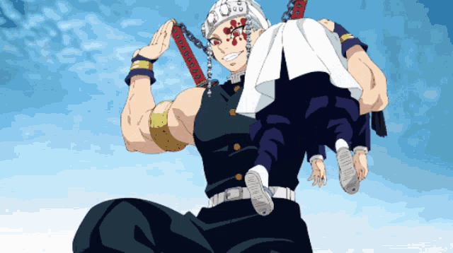 a man is holding a child in his arms with a sword that says ' samurai ' on it