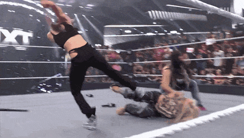 two women are wrestling in a ring with the word nxt on the wall