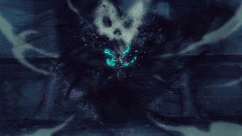 a cartoon character with glowing eyes and a skull on his face