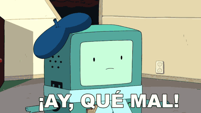 a cartoon character says " ay que mal " while wearing a blue beret