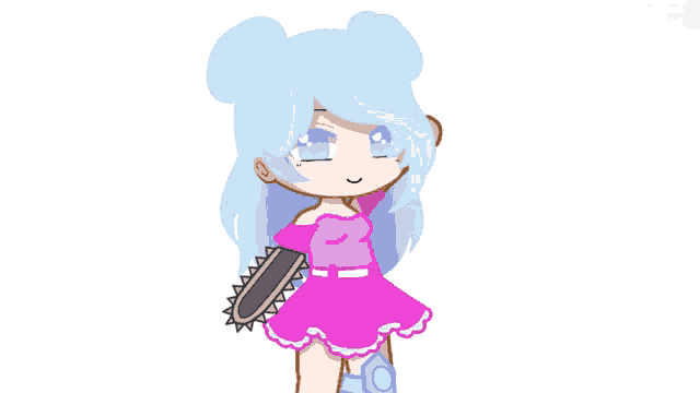 a girl with blue hair and a pink dress holding a chainsaw