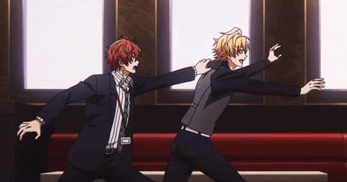 two anime characters are fighting each other in a room