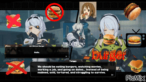 a screenshot of a video game with a girl eating a hamburger and the word burger on the bottom