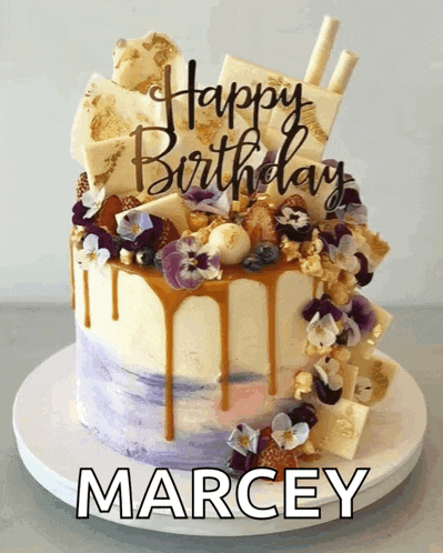 a birthday cake with the name marcey on the bottom