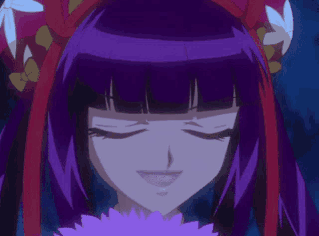a close up of a purple haired anime character