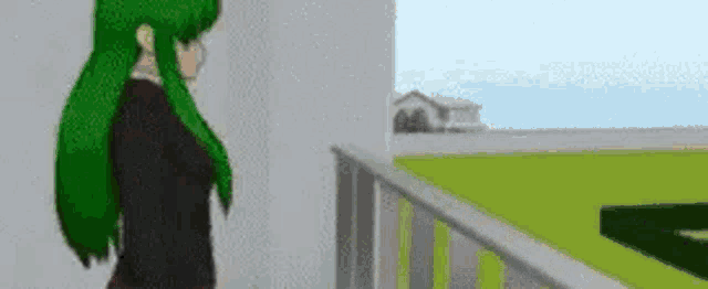 a girl with green hair is standing on a balcony looking out a window .