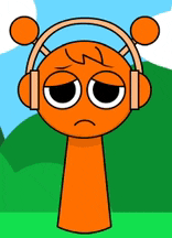 an orange cartoon character wearing headphones and a sad face .
