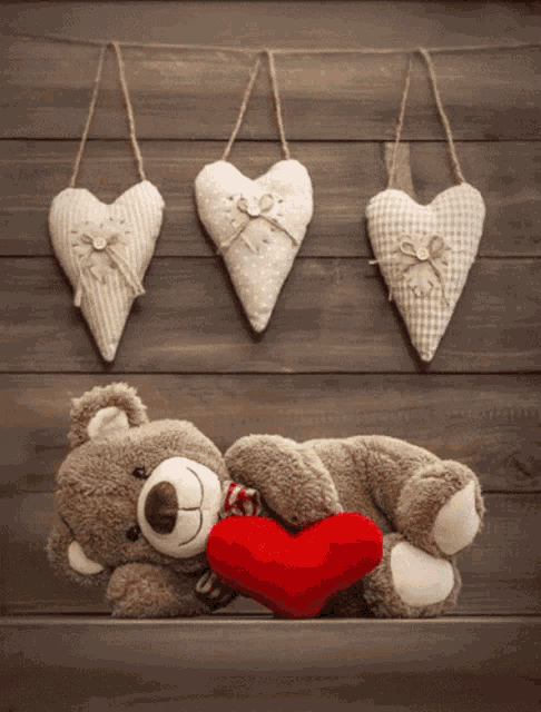 a teddy bear is holding a red heart in front of three hearts