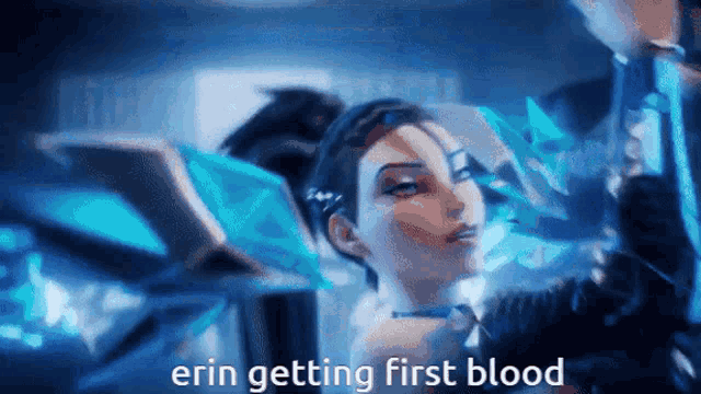 a cartoon of a woman with the words erin getting first blood below her
