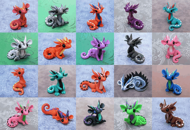 a variety of clay dragons are displayed in a grid
