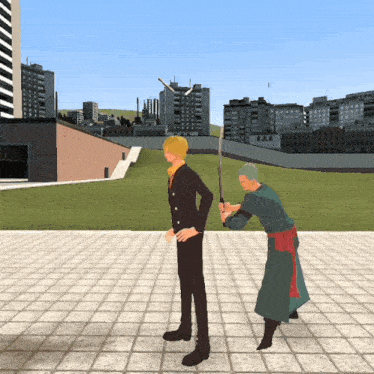 a man holding a sword stands next to another man in a video game