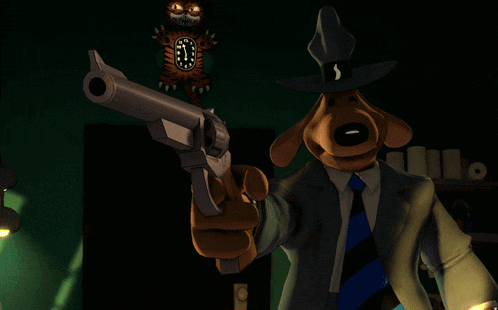 a cartoon dog is pointing a gun with smoke coming out of his mouth